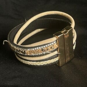 $3 BUNDLE ITEM Multi Strand Boho Wrap Bracelet Gold Clasp Snakeskin Rhinestone